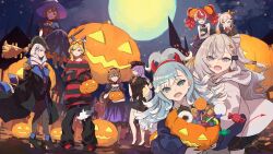 6+girls absurdres airani_iofifteen animal_ears anya_melfissa ayunda_risu bicorne black_coat blonde_hair blue_hair broom broom_riding brown_hair coat cone_hair_bun crossed_arms eyewear_on_head full_moon futomoy grey_hair hair_bun hair_ornament halloween halloween_bucket halloween_costume hat highres hololive hololive_indonesia hood hoodie jack-o&#039;-lantern jack-o&#039;-lantern_hair_ornament kaela_kovalskia kobo_kanaeru kureiji_ollie moon moona_hoshinova multiple_girls night pavolia_reine pink_hair police police_uniform red_hair side_ponytail smile squirrel_ears squirrel_girl striped_clothes striped_sweater sweater twintails vestia_zeta virtual_youtuber witch witch_hat