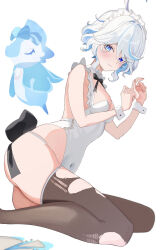 Rule 34 | 1girl, black bow, black bowtie, black thighhighs, blue eyes, blue hair, blush, bow, bowtie, breasts, cowlick, furina (genshin impact), genshin impact, hair between eyes, heterochromia, highres, leotard, long hair, looking at viewer, maid headdress, medium breasts, mikanagi yuri, multicolored hair, simple background, solo, streaked hair, thighhighs, torn clothes, torn thighhighs, two-tone hair, white background, white hair, white leotard, wrist cuffs