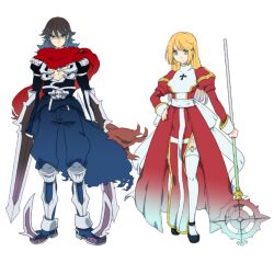 1boy 1girl armor armored_boots assassin_cross_(ragnarok_online) bad_id black_cape black_hair black_pants black_shirt black_shoes blonde_hair boots cape closed_mouth commentary_request dagger dress eremes_guile frilled_thighhighs frills frown full_body garter_straps green_eyes high_priest_(ragnarok_online) holding holding_dagger holding_knife holding_staff holding_weapon jamadhar juliet_sleeves knife lala_(sputnik) long_hair long_sleeves looking_at_viewer margaretha_sorin pants pauldrons puffy_sleeves ragnarok_online red_dress red_scarf sash scarf shirt shoes shoulder_armor simple_background skull staff swept_bangs thighhighs torn_cape torn_clothes torn_scarf transparent_background two-tone_dress underlighting vambraces waist_cape weapon white_dress white_sash white_thighhighs