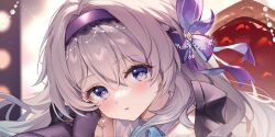 1girl black_gloves black_hairband blush chair close-up firefly_(honkai:_star_rail) gloves gradient_eyes green_pupils grey_hair guzangnanfeng hair_between_eyes hair_intakes hair_ornament hair_ribbon hairband highres honkai:_star_rail honkai_(series) long_hair multicolored_eyes open_mouth ribbon solo