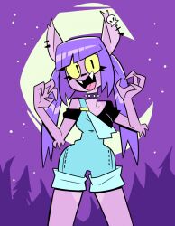 1girl animal_ears blue_overalls choker crescent_moon furry furry_female herny highres moon night original overalls purple_hair smile wolf_ears wolf_girl