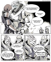 comic commander_shepard commander_shepard_(female) english_text garrus_vakarian greyscale hand_on_another&#039;s_waist heart kiss kissing_forehead mass_effect_(series) monochrome n7_armor nuzzle speech_bubble tumblr tumblr_username turian wei white_background
