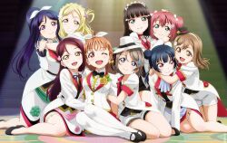 6+girls aqua_eyes artbook black_bow black_bowtie black_hair blonde_hair blue_eyes blue_hair bow bowtie braid brown_hair crown_braid flower grey_hair hair_bow hair_bun hair_ornament hairband hand_on_another&#039;s_head hat highres hug jacket kneeling kunikida_hanamaru kurosawa_dia kurosawa_ruby long_hair looking_at_viewer love_live! love_live!_sunshine!! matsuura_kanan mini_hat mirai_ticket mole mole_under_mouth multiple_girls non-web_source official_alternate_costume official_art ohara_mari one_eye_closed open_mouth orange_hair ponytail purple_eyes purple_hair red_eyes red_hair ribbon sakurauchi_riko short_hair short_shorts shorts single_hair_bun sitting skirt smile takami_chika thigh_strap thighhighs tsushima_yoshiko watanabe_you white_jacket white_shorts yellow_eyes
