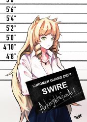 1girl ahoge animal_ears arknights black_skirt blonde_hair cowboy_shot drill_hair green_eyes highres jewelry long_hair mugshot necklace open_clothes open_shirt peppsi_(saba_sabasuk0) skirt solo swire_(arknights) tiger_ears tiger_girl very_long_hair