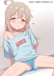 1girl absurdres ahoge commentary_request heart highres loli long_hair nora_neko_(fjya7473) off_shoulder onii-chan_wa_oshimai! oyama_mahiro paid_reward_available panties panty_peek shirt shorts sitting solo spread_legs underwear upshorts