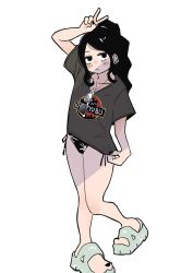 Rule 34 | 1girl, bikini, bikini under clothes, black bikini, black eyes, black hair, black nails, black shirt, collarbone, ear piercing, high ponytail, highres, itochin d, long hair, looking at viewer, nail polish, no pants, original, piercing, ponytail, print bikini, print shirt, shirt, side-tie bikini bottom, simple background, solo, sunglasses, swimsuit, toenail polish, toenails, unworn eyewear, white background