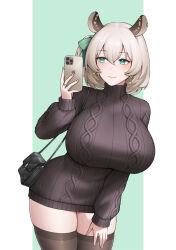 1girl absurdres animal_ears bag black_bag black_sweater breasts closed_mouth earrings green_eyes green_ribbon hair_ribbon hand_on_own_thigh handbag heart heart_earrings highres holding holding_phone indie_virtual_youtuber jewelry large_breasts long_sleeves nimi_nightmare phone pink_nails ribbon ring second-party_source short_hair solo sweater tapir_ears tapir_girl thighhighs turtleneck turtleneck_sweater virtual_youtuber yubaest