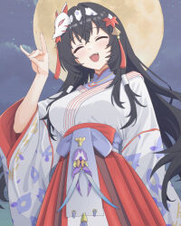 1girl absurdres black_hair blush breasts closed_eyes commentary crossed_bangs epic_seven fox_mask fox_shadow_puppet from_below full_moon hair_between_eyes hair_ornament hand_up highres japanese_clothes kimono konjou large_breasts long_hair long_sleeves mask mask_on_head moon moonlight night night_sky obi open_mouth politis_(epic_seven) print_kimono red_trim sash sky smile solo tassel tassel_hair_ornament very_long_hair white_kimono wide_sleeves