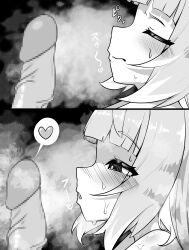 1boy 1girl absurdres blunt_bangs blush censored closed_eyes closed_mouth commentary_request completely_nude greyscale heart hetero highres ju_fufu loli long_hair monochrome mosaic_censoring nude oishi_kuwagata open_mouth paid_reward_available penis speech_bubble spoken_heart zenless_zone_zero