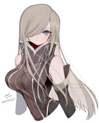 1girl absurdres armpit_crease bare_shoulders blue_eyes breasts brown_dress brown_hair brown_sleeves closed_mouth commentary_request cropped_torso dated detached_sleeves dress hair_over_one_eye high_collar highres large_breasts light_blush long_hair looking_at_viewer nancykittyu sidelocks sleeveless sleeveless_dress solo straight_hair swept_bangs tales_of_(series) tales_of_the_abyss tear_grants upper_body white_background