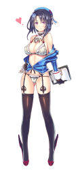 10s 1girl ascot bare_shoulders bikini black_gloves black_hair black_thighhighs blush bra breasts cameltoe cleavage clipboard clothes_pull coffee_cat covered_erect_nipples female_focus frilled_bikini frills full_body garter_straps gloves hand_on_own_hip hat heart highres kantai_collection lace lace_bra lace_panties large_breasts navel no_pants off_shoulder open_clothes open_shirt panties pen purple_panties shirt shirt_pull short_hair simple_background skindentation smile solo standing strap_gap string_panties swimsuit takao_(kancolle) thighhighs unbuttoned underwear