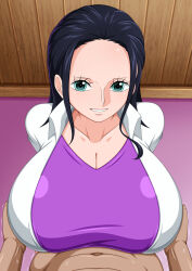 1boy 1girl breasts cleavage highres huge_breasts koktter long_hair nico_robin one_piece paizuri smile