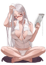 1girl adjusting_hair ayase_seiko barefoot bow bow_panties breasts brown_eyes closed_mouth commentary covered_erect_nipples cushion dandadan english_commentary glasses hair_down highres holding holding_newspaper indian_style large_breasts long_hair looking_at_viewer mature_female newspaper on_cushion panties patreon_username red-framed_eyewear semi-rimless_eyewear sitting solo towel towel_around_neck underwear white_background white_panties zefrableu