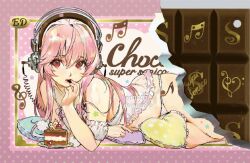1girl babydoll cake cake_slice chocolate detached_sleeves ed0401 eighth_note english_text food food_bite gold_border headphones heart heart-shaped_pillow long_hair looking_at_viewer lying musical_note nail_polish nitroplus on_side panties pillow pink_background pink_hair plate polka_dot polka_dot_background puffy_short_sleeves puffy_sleeves red_eyes short_sleeves solo super_sonico treble_clef twitter_username underwear watermark white_babydoll white_panties