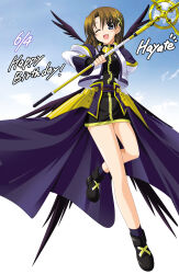 Rule 34 | 1girl, absurdres, black boots, black gloves, black shirt, black wings, blush, boots, brown hair, commentary, cropped jacket, dated, fingerless gloves, full body, gloves, hair ornament, happy birthday, higa yukari, highres, holding, holding staff, jacket, legs, long skirt, looking at viewer, lyrical nanoha, mage staff, mahou senki lyrical nanoha force, one eye closed, open mouth, purple skirt, schwertkreuz, shirt, showgirl skirt, skirt, sky, solo, staff, thighs, white jacket, wings, x hair ornament, yagami hayate