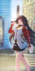 1girl absurdres astra_yao black_dress black_hair blue_sky blunt_ends blush box_(bagsang59049289) bracelet building city commentary crosswalk day dress earrings english_commentary feet_out_of_frame fingernails gold_bracelet hairband hand_up highres holding holding_microphone jacket jewelry long_hair long_sleeves looking_at_viewer microphone necklace open_clothes open_jacket open_mouth outdoors pearl_necklace red_eyes red_jacket road road_sign shadow sign signboard sky solo tassel tassel_earrings teeth thigh_strap two-tone_dress walking white_dress white_hairband window zenless_zone_zero