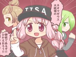 3girls :d azumi_hagumu bad_id bad_twitter_id baseball_cap black_hat blush brown_hair closed_mouth daito_academy_school_uniform emphasis_lines green_eyes green_hair hair_bobbles hair_ornament hair_over_one_eye hand_up hat headphones headphones_around_neck hood hood_down hoodie jacket layered_sleeves long_hair long_sleeves looking_at_viewer magia_record:_mahou_shoujo_madoka_magica_gaiden mahou_shoujo_madoka_magica miyabi_shigure multiple_girls open_mouth pink_eyes pink_hair pointing red_background reverse_(bluefencer) school_uniform shirt short_hair short_over_long_sleeves short_sleeves sidelocks skirt smile tamaki_ui v-shaped_eyebrows white_shirt