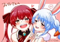 Rule 34 | 2girls, :d, animal ear fluff, animal ears, bare shoulders, blue hair, blush, border, braid, brown eyes, brown leotard, carrot hair ornament, commentary request, don-chan (usada pekora), fang, food-themed hair ornament, hair between eyes, hair ornament, hair ribbon, hand up, heterochromia, highres, hololive, houshou marine, houshou marine (1st costume), index finger raised, kiritoma, leotard, leotard under clothes, multiple girls, open mouth, outline, pink border, pink outline, rabbit-shaped pupils, rabbit ears, red eyes, red hair, red ribbon, ribbon, short eyebrows, signature, sleeveless, sleeveless jacket, smile, symbol-shaped pupils, thick eyebrows, translation request, twin braids, twintails, upper body, usada pekora, usada pekora (1st costume), virtual youtuber, white background