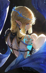 1girl back black_collar black_dress blonde_hair blue_eyes braid cartethyia_(wuthering_waves) closed_mouth collar commentary crown_of_thorns dress earrings fingernails from_behind highres jewelry knees_up long_hair looking_afar looking_to_the_side mihan_(mihan_art) pointy_ears profile sidelocks solo wuthering_waves
