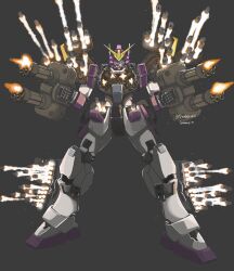 Rule 34 | alternate color, chain gun, commentary, commission, doodlebird14, dual wielding, english commentary, firing, glowing, glowing eye, green eyes, grey background, gun, gundam, gundam heavyarms custom, gundam wing, gundam wing: endless waltz, half mask, highres, holding, holding gun, holding weapon, itano circus, legs apart, mask, mecha, missile, missile pod, mobile suit, no humans, robot, science fiction, simple background, solo, standing, twitter username, v-fin, weapon