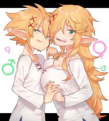 1boy 1girl breasts dual_persona elf genderswap genderswap_(mtf) green_eyes hair_over_one_eye highres interlocked_fingers ishuzoku_reviewers komiya_harumoto large_breasts licking_lips long_hair long_sleeves looking_at_viewer mars_symbol no_bra open_mouth pointing pointy_ears saliva simple_background tongue tongue_out upper_body venus_symbol white_background zel_(ishuzoku_reviewers) zellie