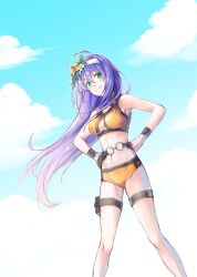 1girl belt bikini cloud cloudy_sky fire_emblem fire_emblem:_path_of_radiance fire_emblem:_radiant_dawn fire_emblem_heroes flower hair_flower hair_ornament hairband hands_on_own_hips headband mia_(fire_emblem) mia_(summer)_(fire_emblem) nintendo o-ring o-ring_belt official_alternate_costume orange_bikini orange_flower outdoors sky solo swimsuit t_misaomaru white_hairband white_headband
