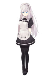 1girl :o absurdres apron arm_behind_back black_bow black_bowtie black_pantyhose black_shirt black_shoes black_skirt blue_eyes bow bowtie breasts collared_shirt commentary_request double-parted_bangs frilled_apron frills full_body hair_between_eyes highres long_hair looking_at_viewer maid maid_apron maid_headdress mary_janes miniskirt original pantyhose petticoat pleated_skirt puffy_short_sleeves puffy_sleeves riuichi shirt shoes short_sleeves sidelocks simple_background skirt skirt_set small_breasts solo standing very_long_hair white_apron white_background white_hair wing_collar