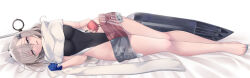 1girl american_flag american_flag_print american_flag_skirt barefoot black_one-piece_swimsuit blue_gloves blush breasts clothes_pull commentary_request covered_navel dakimakura_(medium) denim denim_skirt flag_print full_body gloves grey_eyes grey_hair hair_ornament headgear highleg highleg_one-piece_swimsuit kantai_collection kochipu long_hair looking_at_viewer lying on_side one-piece_swimsuit open_mouth partially_fingerless_gloves print_skirt red_gloves scarf simple_background skirt solo swimsuit torpedo_launcher two-tone_one-piece_swimsuit wahoo_(kancolle) white_scarf