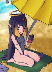 1girl artist_name beach between_legs black_one-piece_swimsuit blue_eyes book breasts child day eyebrows eyelashes female_focus fluffyusagii foot_out_of_frame from_above from_side halo hand_between_legs hololive hololive_english long_hair looking_at_viewer looking_to_the_side looking_up multicolored_hair ninomae_ina&#039;nis ocean one-piece_swimsuit one_eye_closed open_mouth orange_hair outdoors pointy_ears purple_hair sand seiza sitting small_breasts solo swimsuit takodachi_(ninomae_ina&#039;nis) tentacle_hair two-tone_hair very_long_hair virtual_youtuber water