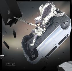 1girl asako_koito car debris destruction gloves grey_eyes grey_hair hat_feather highres holding holding_weapon lying magical_girl mahou_shoujo_madoka_magica mahou_shoujo_oriko_magica medium_hair motor_vehicle solo sonohi210 weapon wind