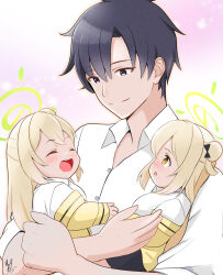 1boy 2girls :d :o ^_^ absurdres black_bow black_hair blonde_hair blue_archive blush bow brown_eyes child closed_eyes closed_mouth collared_shirt commentary_request commission father_and_daughter grey_eyes hair_bow hair_bun halo hands_up happy highres if_they_mated jacket long_hair looking_at_another looking_down male_focus multiple_girls open_mouth pink_background rikki sensei_(blue_archive) sensei_(blue_archive_the_animation) shirt short_hair siblings signature simple_background single_side_bun sisters skeb_commission smile split_mouth teeth twins upper_body upper_teeth_only white_shirt yellow_halo yellow_jacket