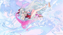 1girl ahoge aqua_eyes bare_legs bare_shoulders bow breasts carlotta_(splashing_summer)_(wuthering_waves) carlotta_(wuthering_waves) chinese_commentary commentary commentary_request cup drinking_glass drinking_straw earrings flower full_body hair_bow hair_flower hair_ornament highres holding holding_cup jewelry kurohush legs long_hair looking_at_viewer medium_breasts multiple_views off-shoulder_one-piece_swimsuit off_shoulder official_alternate_costume one-piece_swimsuit parted_lips pink_bow pink_one-piece_swimsuit sandals single_bare_foot striped_bow swimsuit thighs very_long_hair white_flower white_hair wuthering_waves