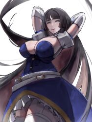 Rule 34 | 1girl, absurdres, arms up, arupg, belt, black hair, blunt bangs, breasts, cleavage, closed eyes, dress, elbow gloves, gloves, highres, hime cut, kaguya jingu, large breasts, long hair, loose belt, multiple belts, open mouth, simple background, smile, solo, under night in-birth, under night in-birth 2 sys:celes, very long hair, white gloves