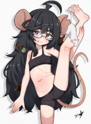1girl :p absurdres ahoge animal_ears bags_under_eyes barefoot beer_bottle black-framed_eyewear black_eyes black_hair boppin cameltoe commentary commission completely_nude drop_shadow english_commentary fang feet flat_chest highres indie_virtual_youtuber large_ears loli long_hair looking_at_viewer messy_hair mesugaki mole mole_under_mouth mouse_(animal) mouse_ears mouse_girl mouse_tail nipples nude petite pixiv_commission rectangular_eyewear ririgaki simple_background skin_fang soles solo split standing standing_on_one_leg standing_split tail tongue tongue_out virtual_youtuber white_background