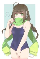 1girl brown_hair green_eyes niizuru_mafuyu one-piece_swimsuit school_swimsuit station_memories swimsuit