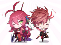 Rule 34 | 1boy, 1girl, :&gt;, arms behind head, brown hair, chibi, chibi only, crossover, green eyes, hair between eyes, historical name connection, holding, holding polearm, holding weapon, kkkaaaayyy, leg up, long hair, looking at viewer, multicolored hair, name connection, one eye closed, polearm, red hair, sengoku basara, sengoku bushouki muramasa, shima sakon (sengoku basara), shima sakon (sengoku bushouki muramasa), short hair, simple background, spear, standing, standing on one leg, two-tone hair, weapon, white background, yellow eyes