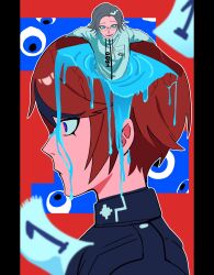 Rule 34 | 2boys, aotsuki eito, black streaks, blue background, blue eyes, cracked skull, eyeball, gakuran, glasses, grey hair, highres, jacket, last defense academy school uniform, liquid, male focus, multicolored hair, multiple boys, partially submerged, pillarboxed, red background, red hair, school uniform, short hair, siokonbu100, spoilers, streaked hair, sumino takumi, the hundred line -last defense academy-, two-tone background, white jacket