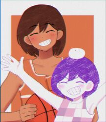 2boys \o/ ^_^ arms_up ball bare_arms bare_shoulders basketball_(object) border brown_hair checkered_clothes child chromatic_aberration closed_eyes collarbone colored_skin commentary_request dark-skinned_male dark_skin double-parted_bangs dual_persona facing_viewer grey_border grin hair_behind_ear hair_between_eyes heavy_chromatic_aberration hector_(omori) holding holding_ball kel_(faraway)_(omori) kel_(headspace)_(omori) kel_(omori) male_focus multiple_boys omori orange_background orange_tank_top outside_border outstretched_arms pokoponpen purple_hair rock short_hair simple_background smile tank_top upper_body v-shaped_eyebrows white_skin white_trim
