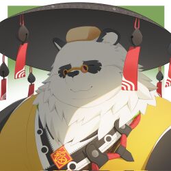 1boy animal_ears bara bell cake chinese_clothes closed_eyes closed_mouth fat fat_man food furry furry_male hashtag-only_commentary highres jingle_bell kemoket13b male_focus pan_yinhu panda_boy panda_ears round_eyewear shirt smile swiss_roll wok yellow_shirt zenless_zone_zero