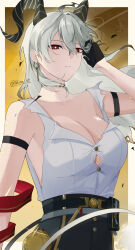 Rule 34 | 1girl, arm strap, bare shoulders, black choker, black gloves, black horns, black pants, breasts, bright pupils, choker, closed mouth, collarbone, commentary, curled horns, gloves, hair between eyes, high-waist pants, highres, horns, large breasts, looking at viewer, necktie, necktie around wrists, pants, red eyes, red necktie, shion art, shirt, shirt tucked in, solo, torn clothes, torn shirt, white pupils, white shirt, wuthering waves, zani (wuthering waves)