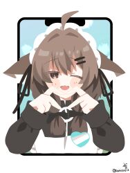 1girl ;d absurdres ahoge animal_ear_fluff animal_ears apron black_bow black_dress black_jacket black_ribbon blush blush_stickers bow brown_eyes brown_hair cropped_torso dress fangs frilled_apron frills hair_between_eyes hair_bow hair_intakes hair_ornament hair_over_shoulder hair_ribbon hairclip hands_up heart heart_hands highres jacket long_hair long_sleeves looking_at_viewer mafuyu_(vrchat) maid maid_apron maid_headdress one_eye_closed open_mouth puffy_long_sleeves puffy_sleeves ribbon signature sleeves_past_wrists smile solo tochisa_(tochisa513) twitter_username upper_body vrchat white_apron white_background