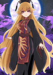 1girl absurdres beads belt black_dress black_hat black_sky bodystocking breasts brown_belt chinese_clothes closed_mouth commentary_request cowboy_shot crescent crescent_print dalachi_(headdress) dress energy fingernails full_moon hair_between_eyes hat highres junko_(touhou) large_breasts legacy_of_lunatic_kingdom long_hair long_sleeves looking_at_viewer mandarin_collar moon nail_polish neck_ribbon night orange_hair outdoors phoenix_print pink_eyes pink_nails red_tabard ribbon sky solo standing tabard tassel tooya0130 touhou wavy_hair wide_sleeves yellow_ribbon