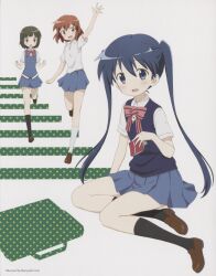 3girls :d arm_up artist_name black_socks blue_eyes blue_hair blue_sky blue_vest bow bowtie brown_eyes brown_hair brown_shoes buttons collared_shirt double-breasted full_body green_hair highres holding holding_notebook inokuma_youko kin-iro_mosaic komichi_aya loafers miniskirt moegi_high_school_uniform multiple_girls nipple_stimulation nipple_tweak non-web_source notebook official_art oomiya_shinobu open_mouth pink_bow pink_bowtie pleated_skirt scan school_uniform shirt shoes short_hair short_sleeves sitting skirt sky smile socks standing striped_bow striped_bowtie striped_clothes summer_uniform ueda_kazuyuki vest white_shirt white_socks yokozuwari