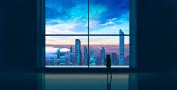 Rule 34 | 1girl, absurdres, arufa7ray, blue sky, blue theme, building, city, city lights, cityscape, concept art, gradient sky, highres, horizon, indoors, original, reflective floor, scenery, silhouette, sky, skyscraper, standing, tile floor, tiles, vanishing point, window