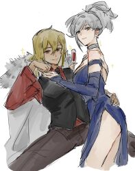2girls bare_shoulders black_vest blonde_hair blue_dress brown_pants cape champagne_flute choker closed_mouth commentary cup dress drink drinking_glass dulinfang0503 eternity_(reverse:1999) grey_choker grey_hair hand_on_another&#039;s_face highres holding holding_drink long_hair long_sleeves looking_at_viewer multiple_girls off-shoulder_dress off_shoulder pants ponytail red_eyes red_shirt red_wings reverse:1999 shirt simple_background smile sparkle spread_legs symbol-only_commentary tennant_(reverse:1999) vest white_background white_cape wings yellow_eyes yuri