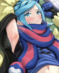 1boy armpits blue_eyes blue_hair blue_mittens blue_scarf blue_shirt blush closed_mouth clothes_lift commentary_request eyelashes grusha_(pokemon) highres jacket long_sleeves lying male_focus min_(myna8247) mittens navel nintendo on_back pokemon pokemon_sv scarf shirt shirt_lift signature solo steaming_body striped_clothes striped_scarf sweat yellow_jacket