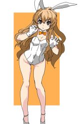 1girl aisaka_taiga animal_ear_hairband animal_ears black_eyes bow bowtie breasts brown_hair derivative_work detached_collar doublep0ints fake_animal_ears full_body gloves hairband highres leaning_forward leotard long_hair looking_at_viewer orange_background orange_bow orange_bowtie outside_border playboy_bunny rabbit_ears small_breasts solo standing strapless strapless_leotard toradora! two-tone_background white_gloves white_leotard