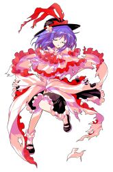 Rule 34 | 1girl, alphes (style), ascot, black hat, black shoes, black skirt, capelet, closed eyes, collared shirt, commentary request, dairi, defeat, frilled capelet, frilled shawl, frills, full body, hagoromo, hat, hat ribbon, highres, large variant set, long skirt, long sleeves, medium hair, nagae iku, open mouth, parody, purple hair, red ascot, ribbon, shawl, shirt, shoes, skirt, smile, solo, style parody, tachi-e, torn clothes, touhou, transparent background, variant set, white shirt