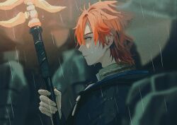 1boy arm_up armor black_coat closed_mouth coat fire_emblem fire_emblem:_three_houses garreg_mach_monastery_uniform hair_between_eyes helm helmet highres holding holding_polearm holding_weapon layered_clothes male_focus nintendo orange_hair ornate_weapon people polearm profile rain rendaaa_fe short_hair soldier solo sylvain_jose_gautier upper_body weapon wet wet_clothes wet_hair yellow_eyes