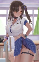1girl absurdres belt_collar black_panties blue_necktie blue_sky breasts classroom cleavage clothes_lift collar commentary dark-skinned_female dark_skin goddess_of_victory:_nikke highres indoors just_tume large_breasts lifting_own_clothes long_hair midriff naga_(nikke) necktie panties school_uniform scrunchie shirt side_ponytail skirt skirt_lift sky smile solo thigh_strap thighs underwear white_shirt wrist_scrunchie yellow_eyes